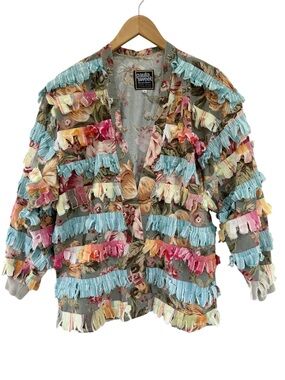 PAULA SWEET Vintage Muslim Mink Floral Art Fringe Rag Jacket Size S